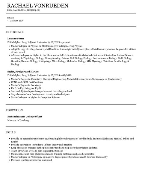 Adjunct Instructor Resume Samples Velvet Jobs