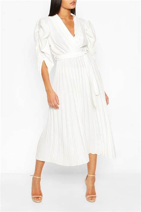 Puff Sleeve Pleated Skirt Midi Dress White Midi Dress Midi Dress