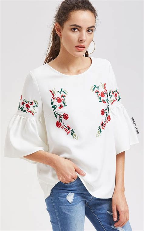 Flower Embroidered Fluted Sleeve Top Stylish Shirts Tops Fashion