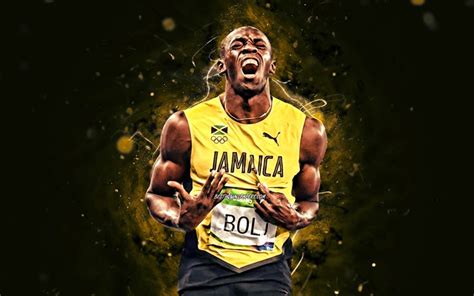 Download Wallpapers Usain Bolt 4k Yellow Neon Lights Jamaican Former