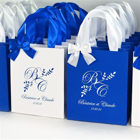 20 Royal Blue Wedding Welcome Bags With Satin Ribbon Handles Bow And