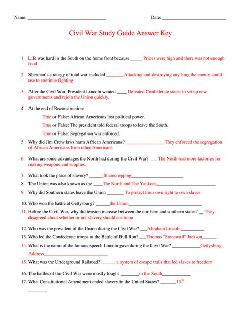 Civil War And Reconstruction Worksheet Answer Key Fill Online