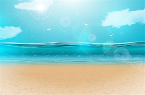 Vector Blue Ocean Landscape Background Design With Cloudy Sky Summer