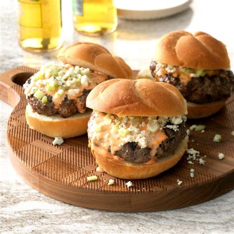 These bacon burgers include ground beef, diced bacon, chopped onion, and worcestershire sauce. Buffalo Beef Burgers Recipe | Taste of Home