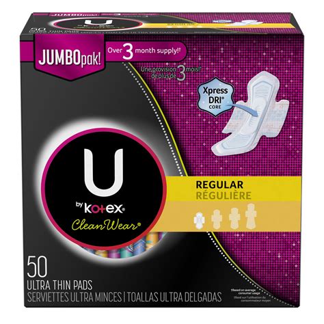 U By Kotex Cleanwear Ultra Thin Pads With Wings Regular Unscented 50