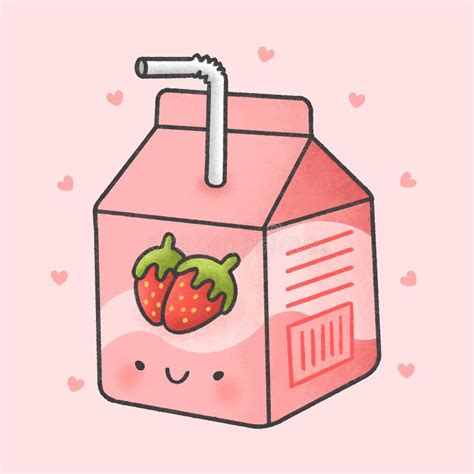 Cute Strawberry Milk Box Cartoon Hand Drawn Style Stock Illustration