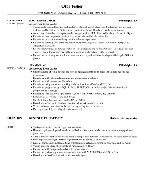Engineering Team Leader Resume Samples | Velvet Jobs