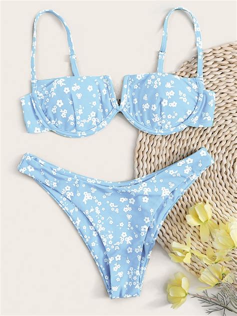 Ditsy Floral V Wired Underwire Bikini Swimsuit Shein Usa In 2021