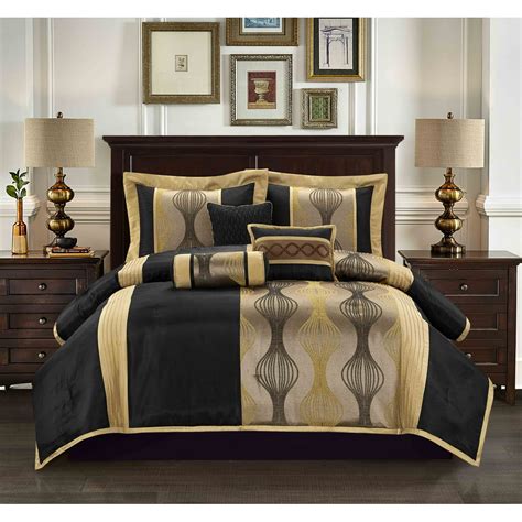 Lanco Moderna 7 Piece Bedding Comforter Set Black Gold Bed Size King
