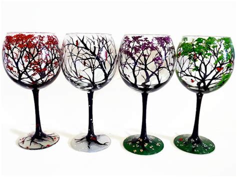 Four Seasons Glasses Wine Stemless Tree Hand By Lkcustomcreations