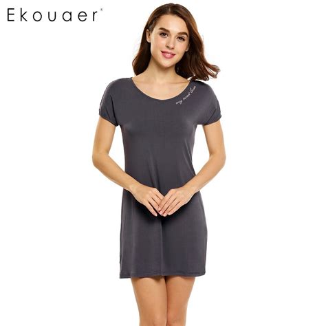 Ekouaer Cotton Nightgown Women Short Sleeve Letter Embroidery Nightdress Casual Sleepwear Sleep