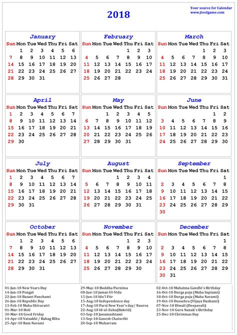 2018 Calendar With Holidays Usa Printable Printable Templates Letter