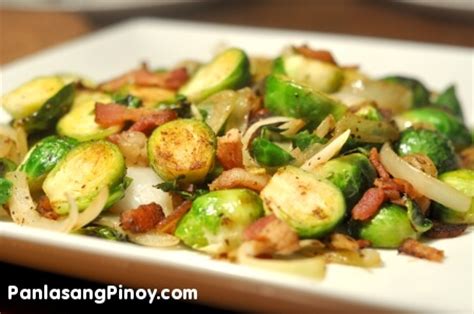 Bacon meat brussels sprout vegetables side dish sauteing gluten free. Sauteed Brussels Sprouts with Bacon Recipe - Panlasang Pinoy