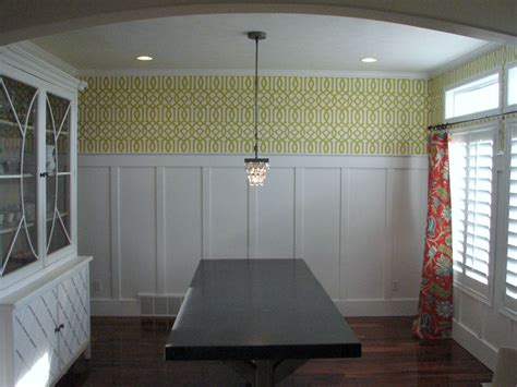 Later i added a few other inexpensive finishing touches to complete our budget dining room makeover. dining room batten board with wallpaper above | Elegant ...