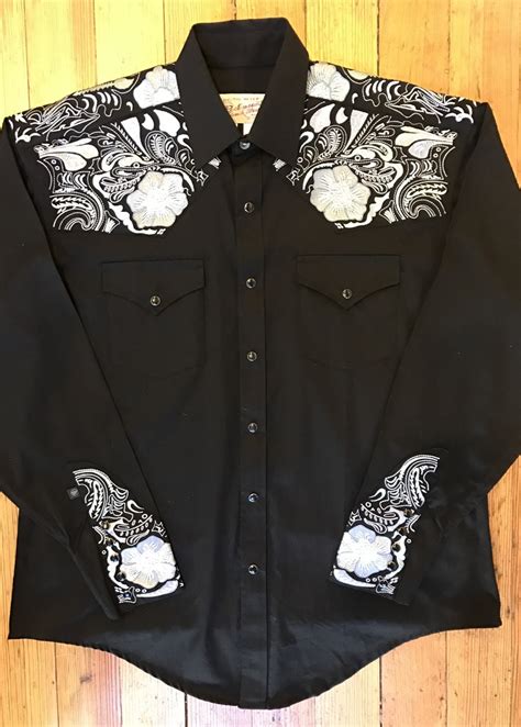 Mens Vintage 2 Tone Embroidered Western Shirt 6737 Blk By Rockmount