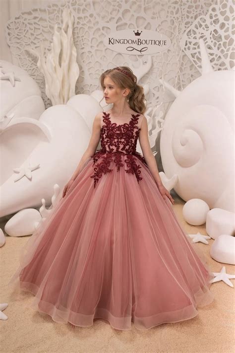 Blush Pink And Maroon Flower Girl Dress Birthday Wedding Party Holiday
