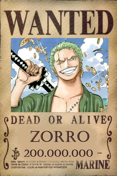 Roronoa Zoro Wanted Poster Zoro 200000000 Anime Pinterest Hold