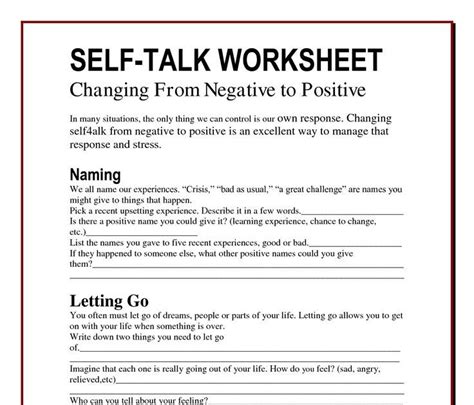 Self Talk Worksheet Changing From Negative To Positive Pdf A