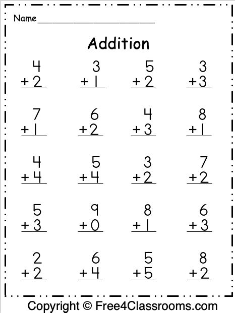 Free 1 Digit Addition Math Worksheet Free4classrooms