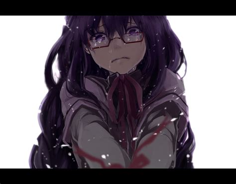 Akemi Homura Bow Braids Crying Glasses Ikamera Mahou Shoujo Madoka Magica Purple Eyes Purple