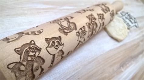 Rolling Pin Wooden Laser Cut Stylish Raccoons Mimimi Pattern Etsy