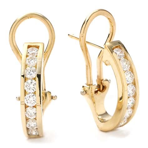 Tiffany Co 18K Yellow Gold Channel Set Diamond Hoop Earrings New