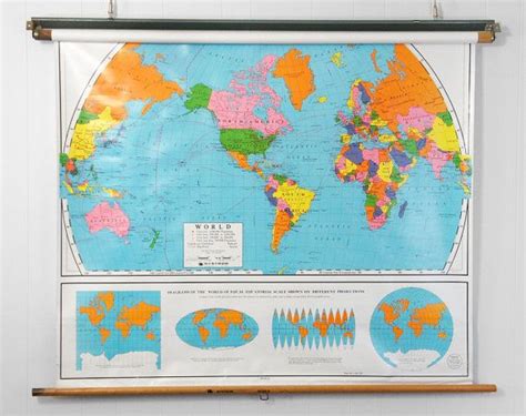 Vintage Pull Down Classroom Map Map Of World Etsy Classroom Map