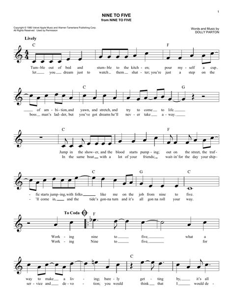 Dolly Parton Nine To Five Sheet Music And Chords Printable Piano