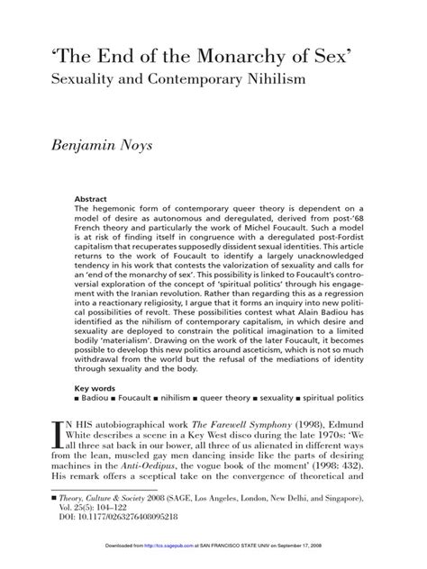 Noys The End Of The Monarchy Of Sex Sexuality And Contemporary Nihilism Pdf