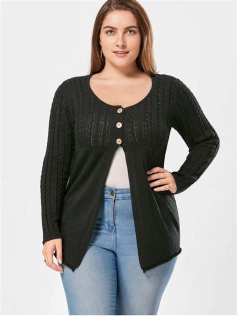 Plus Size Cable Knit Button Up Cardigan Black Plus Size Sweaters