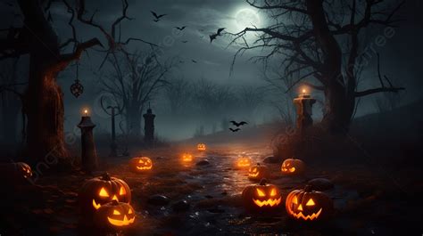 Halloween Forest Scene With Pumpkins On The Path Background Spooky Scary Halloween Picture