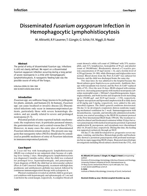 Pdf Disseminated Fusarium Oxysporum Infection In Hemophagocytic