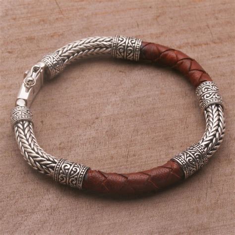 Mens Sterling Silver And Leather Bracelet In Brown Royal Weave In