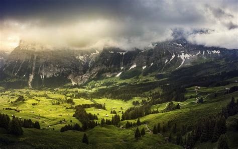 Landscape Nature Mountain Switzerland Trees Clouds Valley