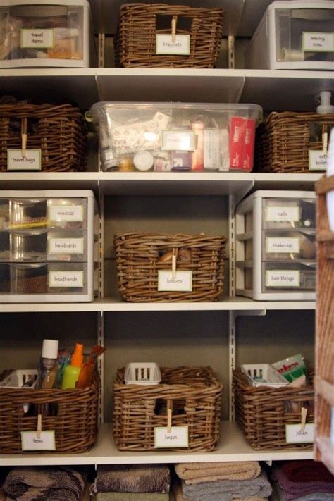Wood shelves provide sturdy, flat surfaces that are ideal for storing small or oddly shaped items. Bathroom closet organization | organize | Pinterest