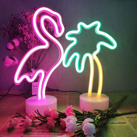 Buy 2 Packs Decoration Neon Signs Light Pink Flamingo And Green Palm