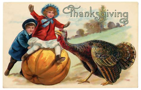 Thanksgiving Postcard With Pumpkin And Turkey With Boy On Top Image