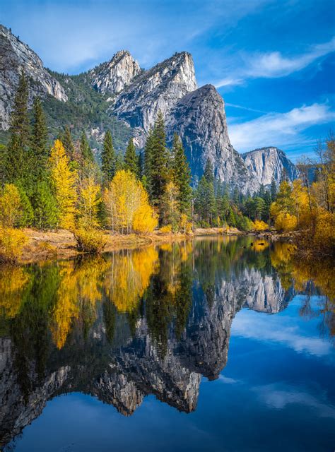 Three Brothers Reflections Merced River Yosemite Autumn Colors Red