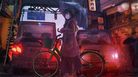 1280x720 Anime Girl Cyle Rain Umbrella 720p Hd 4k Wallpapers Images