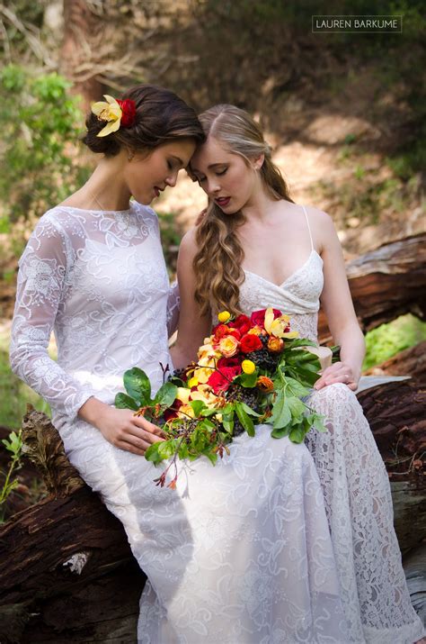 Lesbian Wedding Photo Forest Natural Style Red Green And Yellow Flowers Destination W