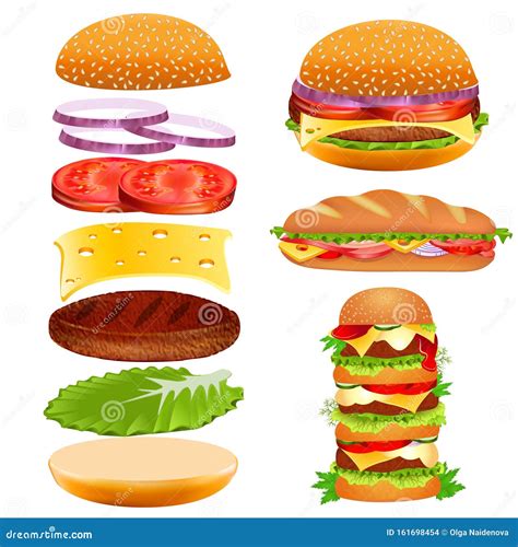 Set Of Fast Food Burger Ingredients Tomato Slices Cutlet Lettuce