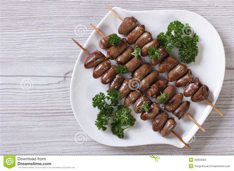 Chicken Hearts Grilled On Skewers Top View Stock Photo Image Of