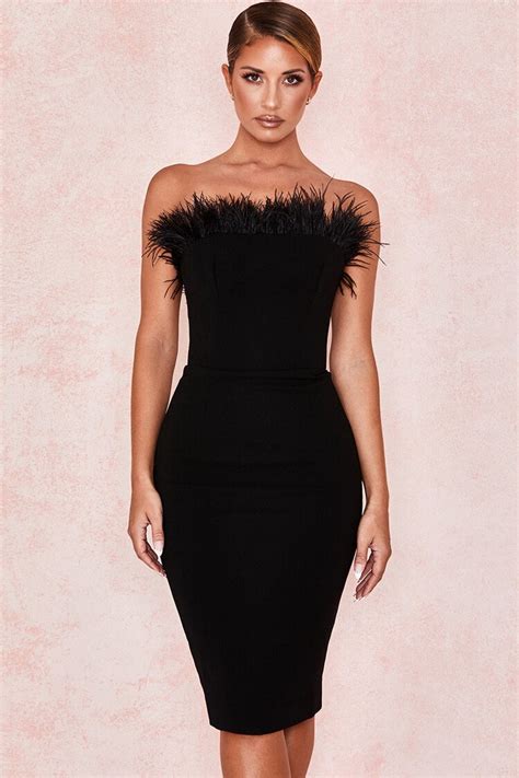 Cutesove Strapless Bodycon Feather Midi Cocktail Party Dress Black Cutesove