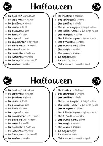 French Halloween Vocabulary Sheet Teaching Resources