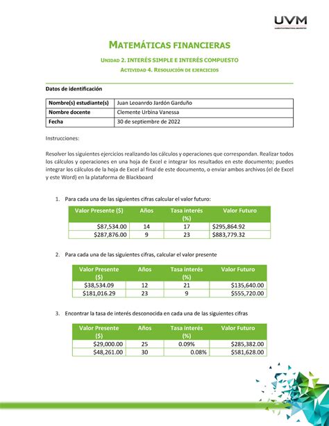 U Resolucion Ejercicios A MATEMTICAS FINANCIERAS UNIDAD INTER SIMPLE E INTER
