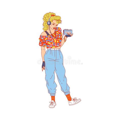 Fashionable Young Girl In Style Of 80 S Sketch Vector Illustration