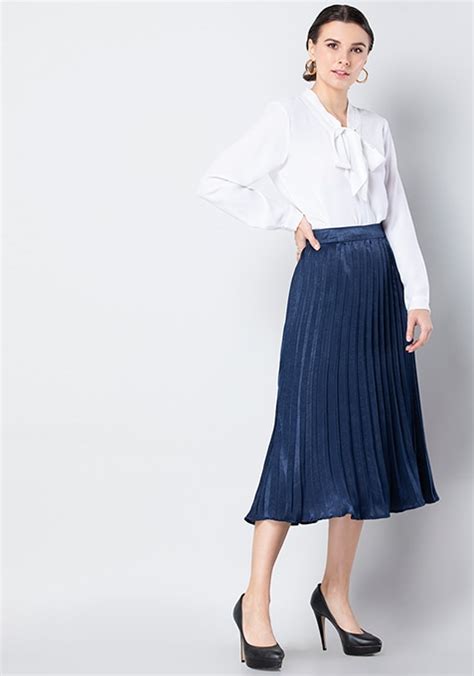 Buy Women Navy Satin Pleated Midi Skirt Trends Online India Faballey