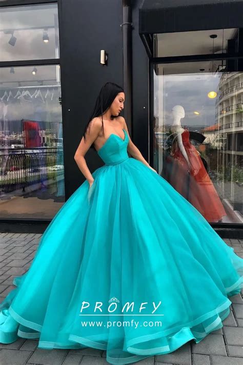 Turquoise Tulle Strapless Floor Length Ball Gown Promfy