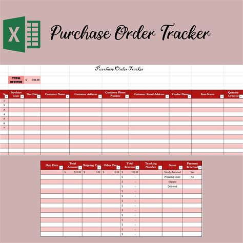 Purchase Order Tracker Excel Spreadsheet Sales Tracker Revenue