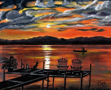 Summer Lake Sunset Boat Dock Adirondack Chairs Dog Silhouette Folk Art